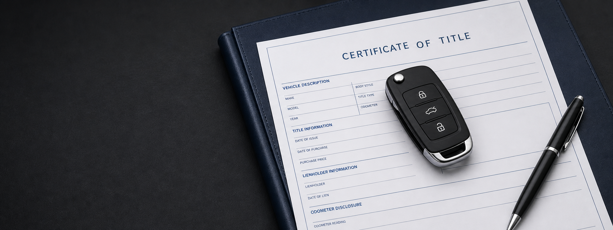 Car key on a blank vehicle title document